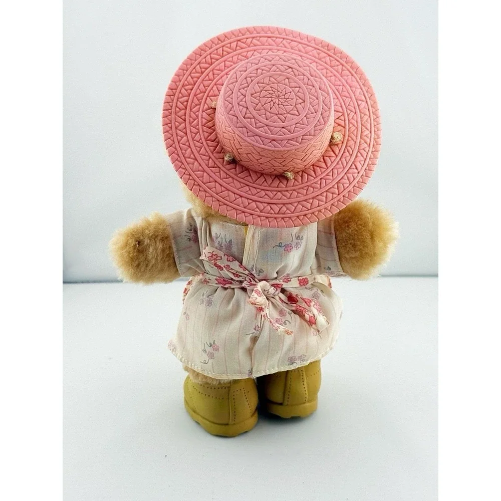 Vintage 1986 Furskin Hattie Plush In Floral Dress & Pink Straw Hat